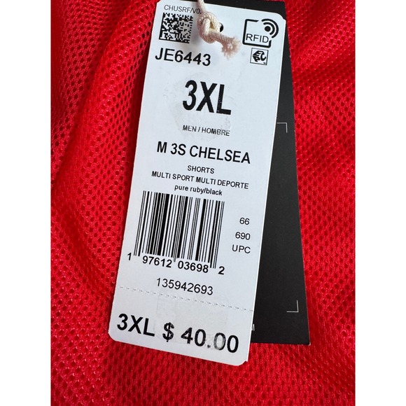 Men's Adidas Essential 3-Stripes 3XL Red Chelsea Shorts - Picture 2 of 8